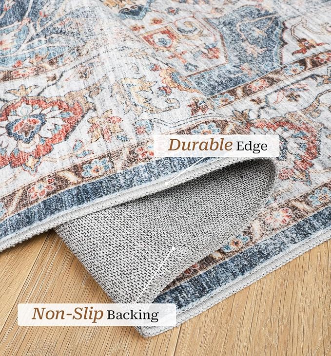 5x7 Area Rugs for Living Room,Stain Resistant Washable Rug,Non-Slip Backing Rugs for Bedroom,Kitchen,Printed Vintage Home Decor Rug (Navy, 5'x7')