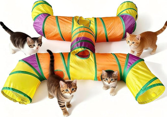 Cat Tunnels for Indoor Cats, Cat Tunnel with Plush Ball, Kitten Tunnel Collapsible, Cat Play Tunnel with Interactive Peephole for Large Cat, Puppy, Kitten (Colorful-4 Way)