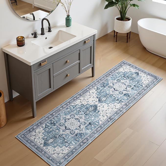 Lessymo Washable 2x6 Hallway Runner Rug for Entryway Bedroom, Soft Kitchen Area Rugs Non Slip for Bathroom Living Room Laundry Room, Long Vintage Boho Floor Carpet Stain Resistant Low Pile, Blue White