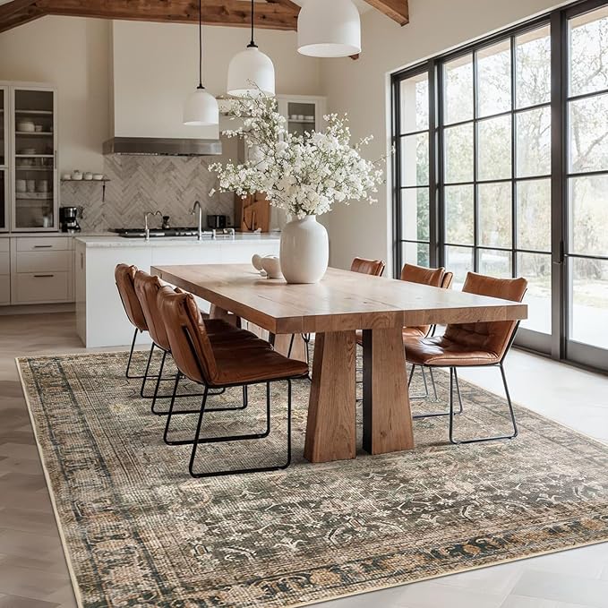 6x9 Area Rugs for Living Room Bedroom, Large Washable Rug, Brown Vintage Retro Boho Rug, Non Slip & Low Pile Faux Wool Thin Carpet for Indoor Dining Room and Kids Room(Charcoal/Olive 6x9ft)