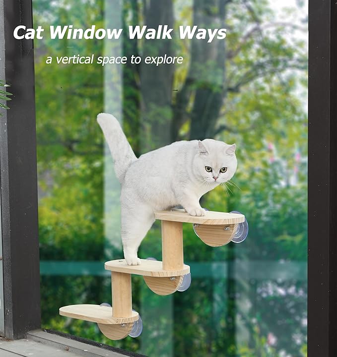 Cat Window Ladder 3-Levels for Indoor Cats Climbing Wood Window Shelf Cats Play and Watch Birds