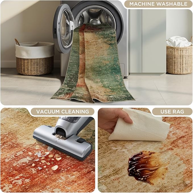 Joydeco 2x6 Washable Runner Rug for Hallway, Modern Abstract Non-Slip Soft Rugs, Low Pile Carpet for Entryway, Bedroom, Kitchen, Laundry, Green & Orange & White