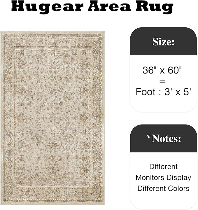 HUGEAR 3x5 Entryway Area Rug Beige Vintage Small Rug Machine Washable Door Mat Retro Floral Low Pile Carpet Vacuumable Distressed Throw Rug Entrance Kitchen Bedroom Bathroom Non Slip Lightweight