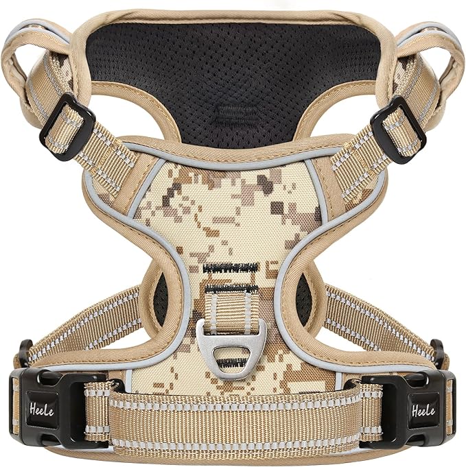 HEELE Dog Harness, No Pull Adjustable Padded Reflective Harness for Small Medium Large Dogs with Handle for Walking Training, Camo Tan, XL