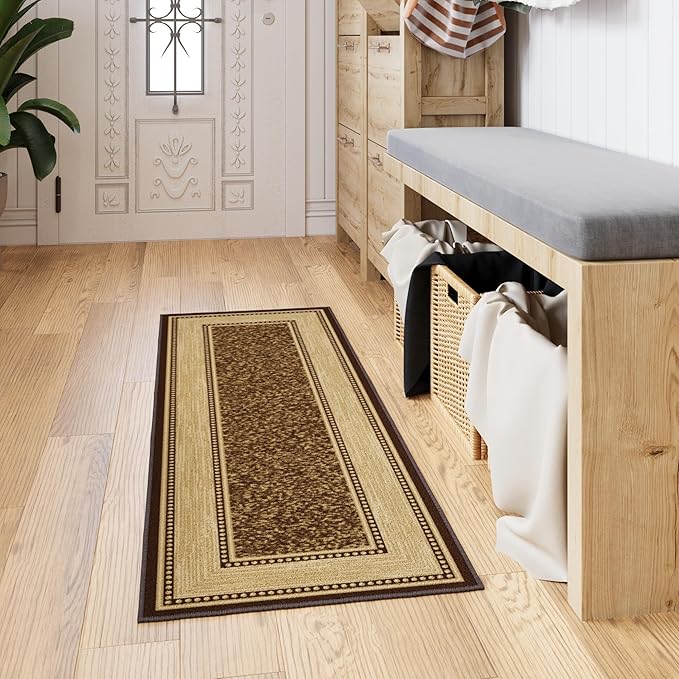 Ottomanson Hallway Runner Rug 20" x 59" Non Slip Border Area Rugs Easy to Clean Laundry Rug Runner Durable & Pet Friendly Floor Carpet Runners for Hallways Entryway Living Room Kitchen, Brown