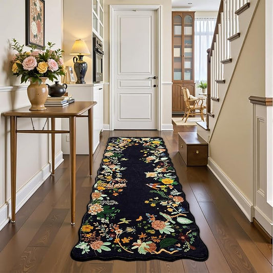 Rugflix 2x6 Runner Rug for Hallway, Washable Kitchen Runner Non Slip, Soft Low Pile Entryway Carpet, Vintage Floral Stain Resistant Long Laundry Room Rugs for Bedroom, Stairs