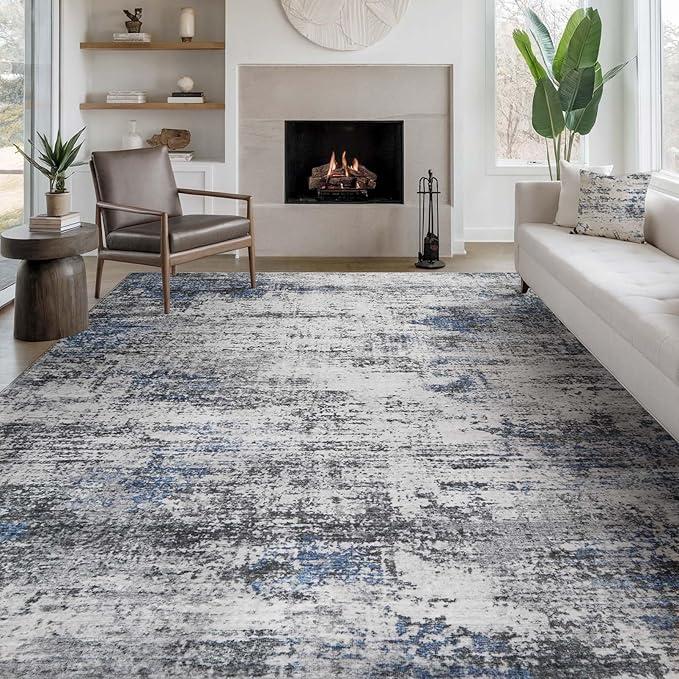 Area Rug Living Room Washable Rugs: 8x10 Modern Neutral Abstract Low Pile Non Slip Floor Carpet - Large Soft Thin Stain Resistant Rug for Bedroom Dining Indoor Office Home, Blue Grey