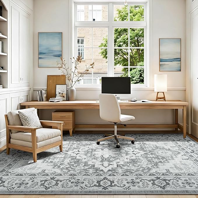 Lessymo 5x7 Area Rug for Living Room - Machine Washable Area Rugs, Super Soft Faux-Wool Area Rugs for Bedroom Kitchen, Boho Rug Vintage Floral Non-Slip Low Pile, Grey White