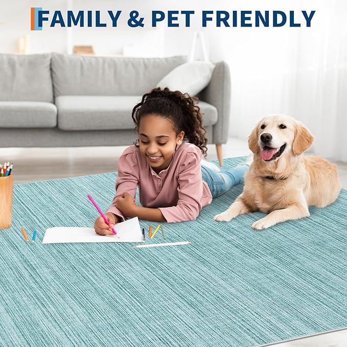 Modern Solid Color Area Rug 10x13 Large Living Room Area Rug Washable Abstract Bedroom Rugs Non Slip Boho Dining Room Throw Carpet Soft Stain Resistant Minimalist Rugs for Nursery Home Office, Blue