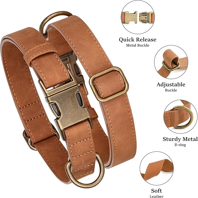 Didog Soft PU Leather Dog Collar, Stylish Quick Released Dog Collars for Small Dogs, Easy Clean Adjustable Pet Collar for Daily Walking, Light Brown, S Fit 10-16" Neck