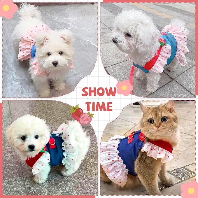 Small Dog Harness and Leash Set Denim Cat Harness Dress for Puppy Clothes for Girls Pink Dog Birthday Dress French Bulldog Harness with Strawberry Bear Decoration