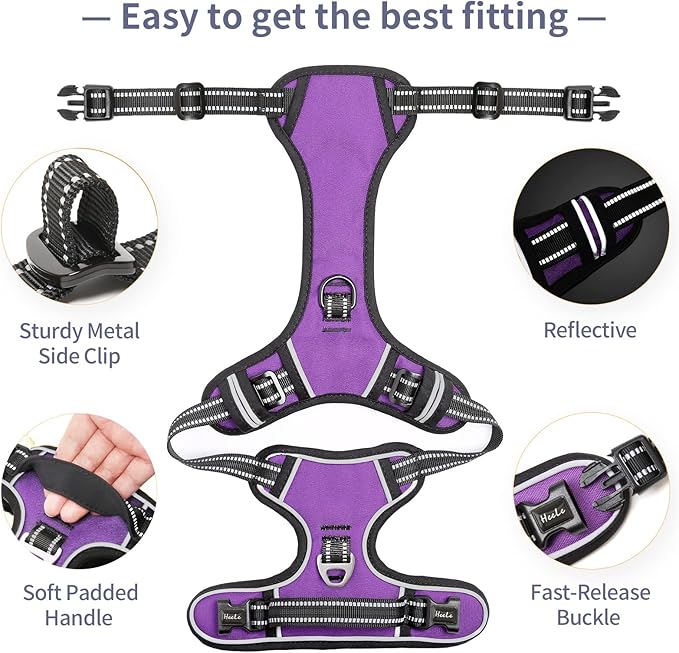 HEELE Dog Harness, No Pull Adjustable Padded Reflective Harness for Small Medium Large Dogs with Handle for Walking Training, Purple, M