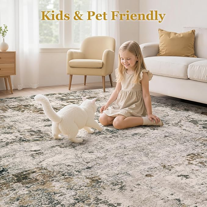 Area Rugs for Living Room: 10x12 Abstract Washable Rug Large Soft Stain Resistant Non-Slip Backing for Bedroom Dining Room Indoor Home Office Carpet for Kids Pet Friendly Families - Dark Brown