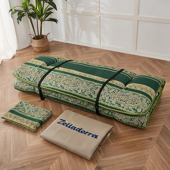 Japanese Floor Mattress, Futon Mattress with Portable Storage Bag and Washable Cover, Roll Up Thick Tatami Mat Suitable for Camping, Guest Room (Bohemian Green, Queen)