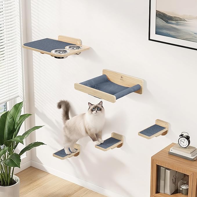 Space-Saving Cat Wall Shelves – Interactive Cat Wall Climber with Hammock & Dog Proof Feeding Station for Small & Medium Indoor Breeds – Solid Natural Wood with Gray Carpet