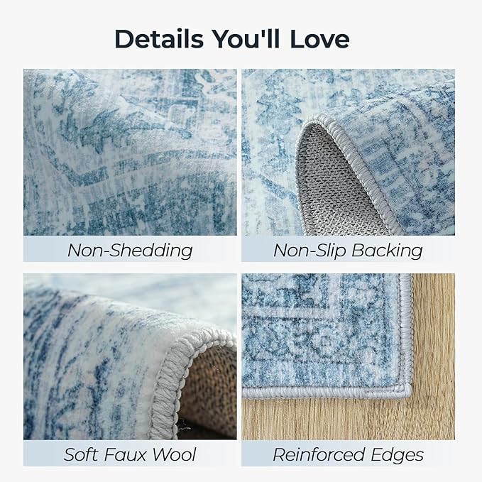 9x12 Area Rug for Living Room Bedroom Dining Room, Large Washable Soft Faux Wool Carpets, Neutral Retro Aesthetic Non-Skid Stain Resistant Blue Rugs for Kids Room