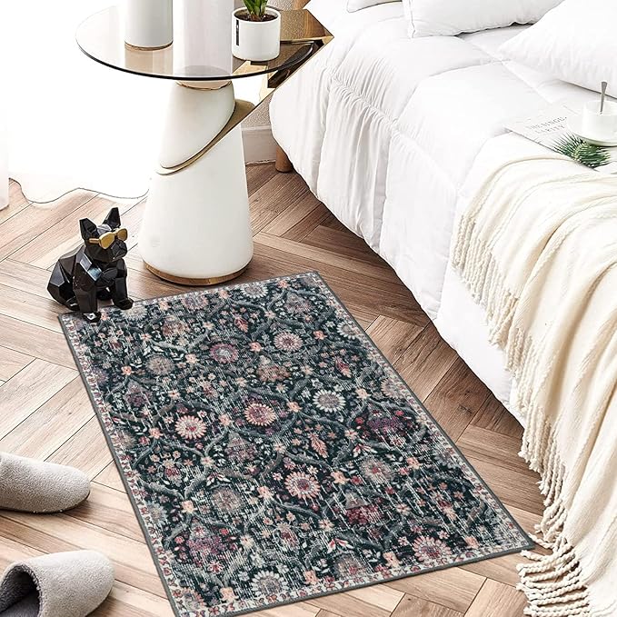 Lahome Black 2x3 Entryway Rug,Small Washable Kitchen Bathroom Rugs for Front Door Mat Indoor Entrance,Non-Slip Stain Fade Resistant,Floral Trellis Moody Farmhouse Decor