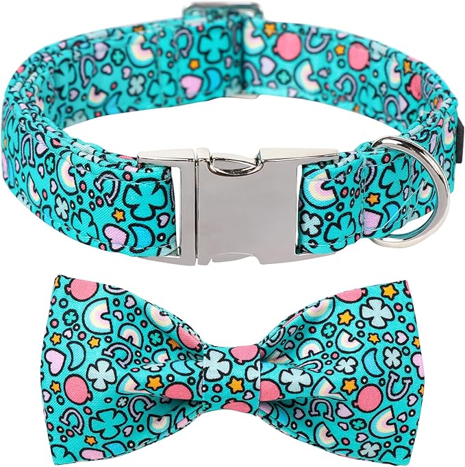 Maca Bates St. Patrick's Day Shamrock Dog Collar,Fancy Bow Tie,Extra Large Girl Boy Dogs,Cute Rainbow,Four Leaf Clover Pattern,Adjustable Durable Soft Collars Irish Gift for Male Female Puppy