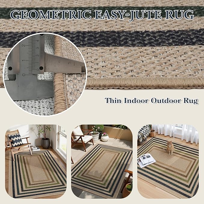 Lahome Modern Geometric Easy Jute Rug, 4x6 Washable Indoor Outdoor Carpet for Patio Living Room Farmhouse Natural Area Rug, Non Slip Contemporary Throw Mat for Entryway Office Dining Room