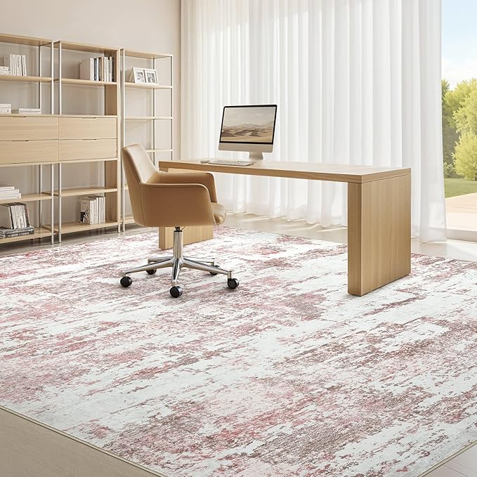 Area Rugs for Living Room: 10x14 Abstract Washable Rug Large Soft Stain Resistant Non-Slip Backing for Bedroom Dining Room Indoor Home Office Carpet for Kids Pet Friendly Families - Pink