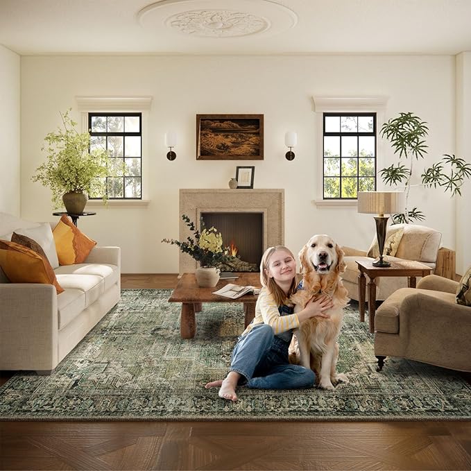 9x12 Area Rugs for Living Room: Washable Bedroom Rug Boho Vintage Rugs Stain Resistant Non Slip Low Pile Soft Lightweight Carpet for Kitchen Dining Room Farmhouse Nursery Kids Room