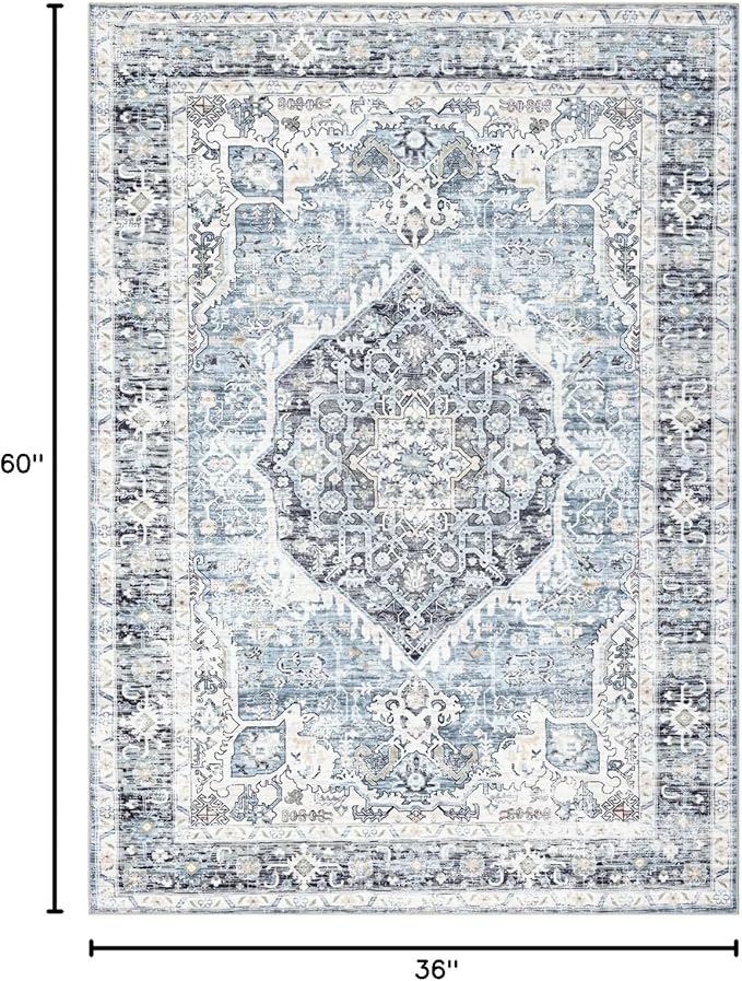 Area Rug 3횞5, Vintage Boho Rug,Ultra-Soft Low Pile, Washable, Non Slip,Stain Resistant Printed Carpet for Living Room Bedrooms Playroom Office Kitchen, Light Blue
