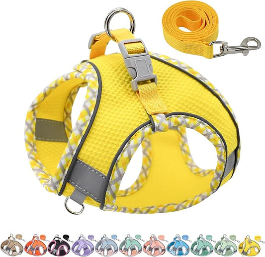 AIITLE Teacup Puppy Harness with Leash - Adjustable Soft Vest with Magic Magic Tape & Reflective Safety Strips, Easy-Put-On for Poodles, Pomeranians - Gym, Hiking, Travel (Yellow, S)