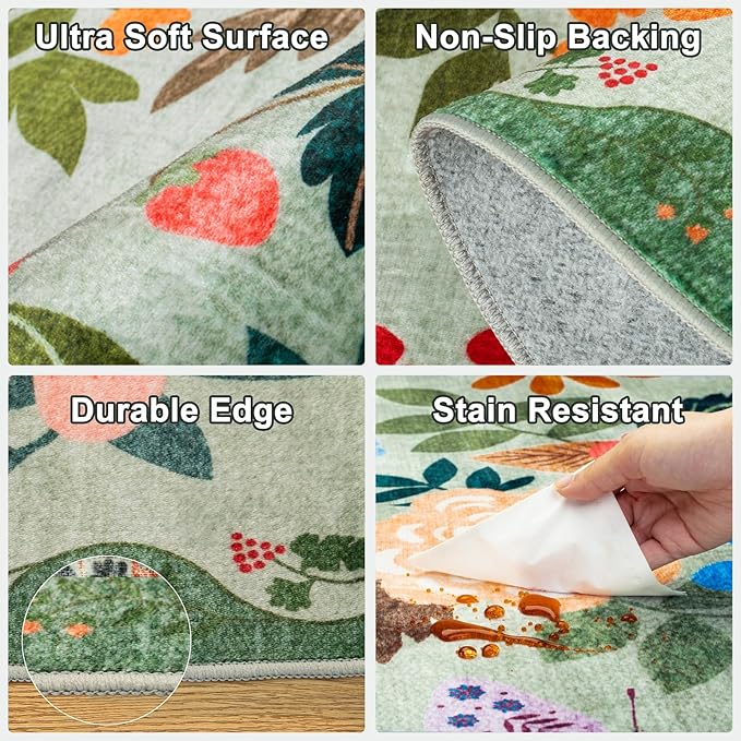 Runner Rug for Entryway: 2.6x8 Kitchen Rugs Non Slip Washable Ultra-Thin Soft Floral Carpet Indoor Floor Stain Resistant Carpets for Hallway Bedroom Kitchen Laundry Bathroom Dorm Green