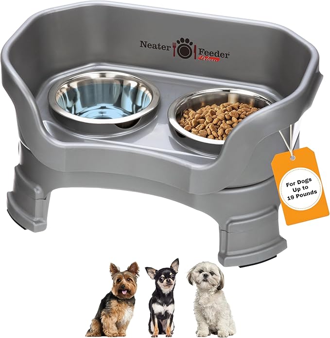 Neater Feeder Deluxe Mess Proof Dog Bowls Elevated for Small Breeds – Made in USA – No Spill Raised Dog Food Bowl Stand w/Leg Extensions – Stainless Steel Dog Food and Water Bowl Set – Grey