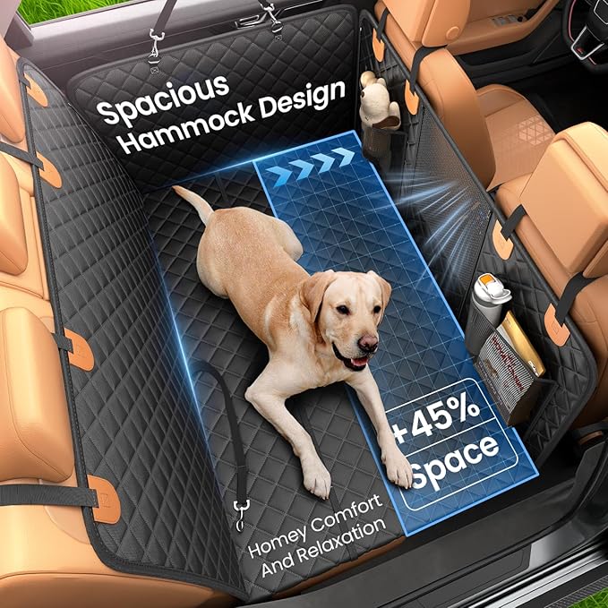 REEVAA Dog Car Seat Cover for Back Seat, Hard Bottom Dog Hammock, Pet Bed Extender for 2-4 Large/Medium Dogs, Waterproof Seat Protector, Universal L Size Fits for Car/SUV, Black+Orange