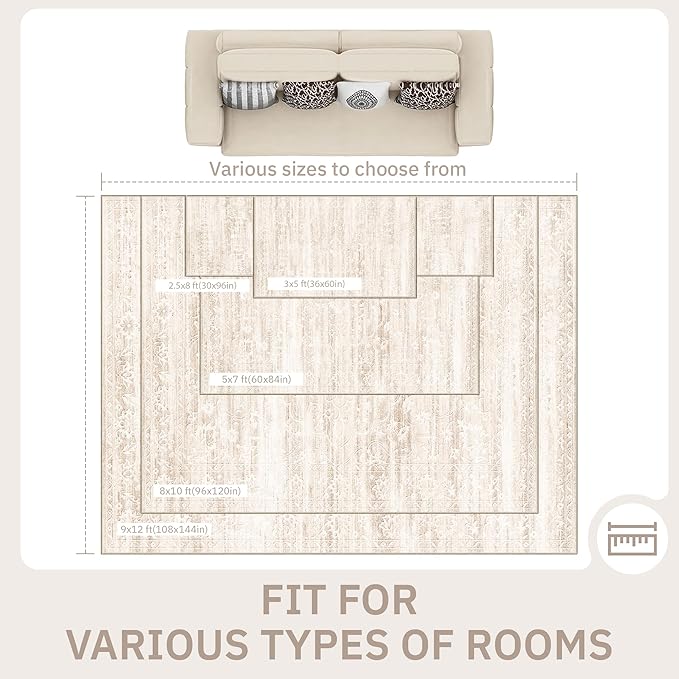 8x10 Area Rugs for Living Room, Stain Resistant Neutral Washable Rugs for Dining Room, Floral Vintage Non-Slip Thin Large Size Area Rug Beige Ivory