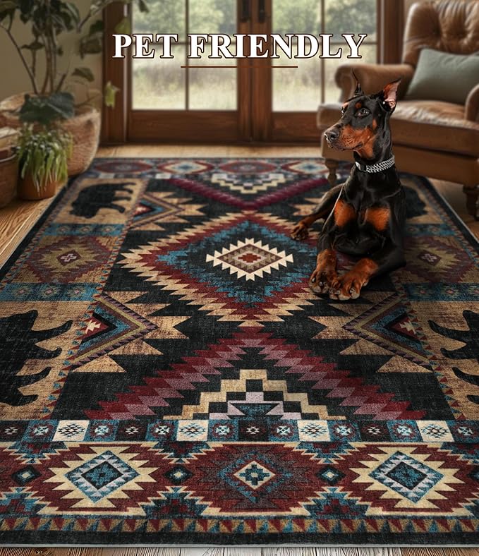 YIHOUSE Rustic Cabin Area Rug for Bedroom 5x7,Machine Washable Lodge Bear Rug,Non-Slip Low Pile Print Pattern Western Rug for Living Room