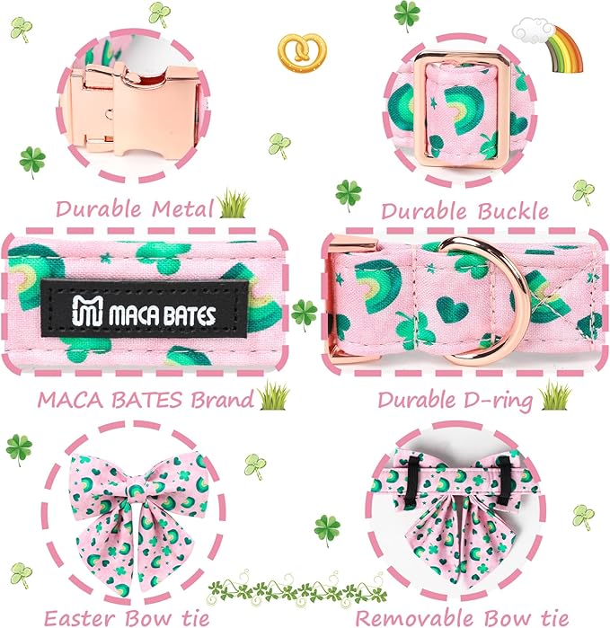 Maca Bates St. Patrick's Day Shamrock Dog Collar,Sailor Bow,Extra Small Girl Boy Dogs, Pink,Green Rainbow,Four Leaf Clover Pattern,Adjustable Durable Soft Collars Irish Gift for Male Female Puppy