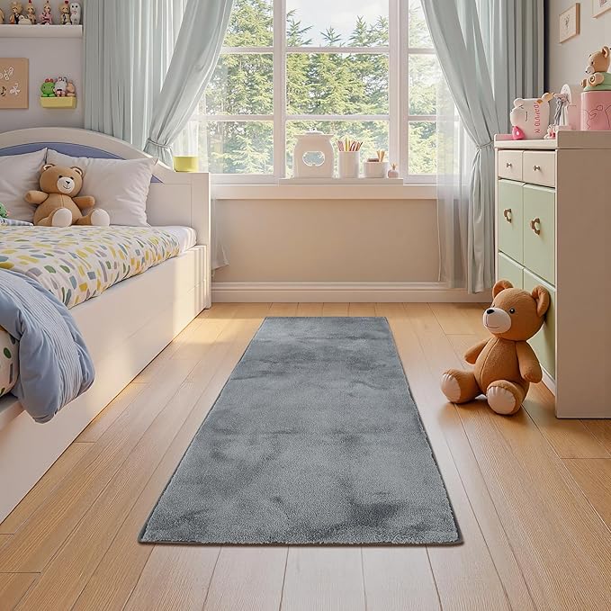 jinchan Solid Plush Runner Rug 2x5 Performance Shaggy Washable Hallway Rug Soft Modern Faux Wool Cozy Non Slip Carpet for Bedroom Laundry Room Living Room Kids Nursery Grey