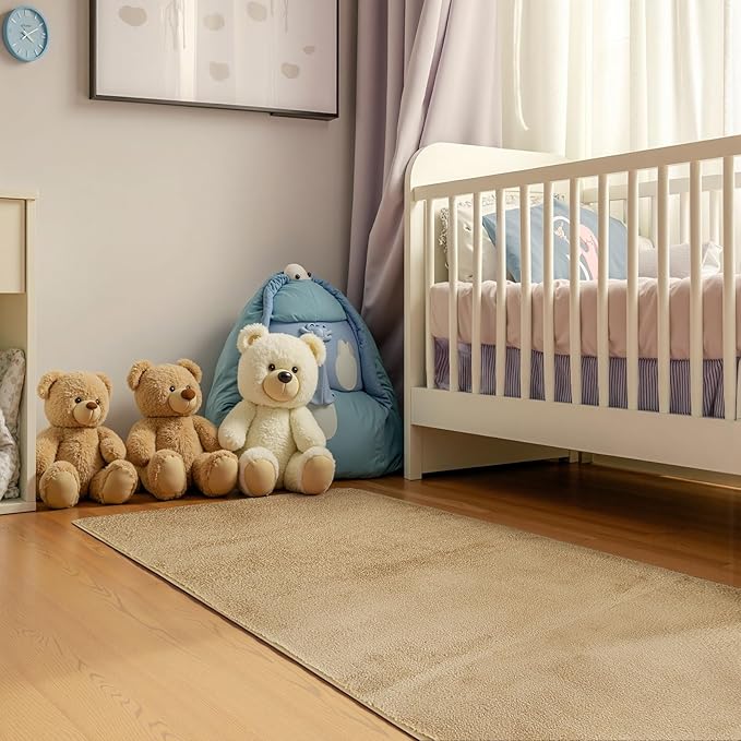 jinchan Solid Plush Runner Rug 2x5 Performance Shaggy Washable Hallway Rug Soft Modern Faux Wool Cozy Non Slip Carpet for Bedroom Laundry Room Living Room Kids Nursery Tan