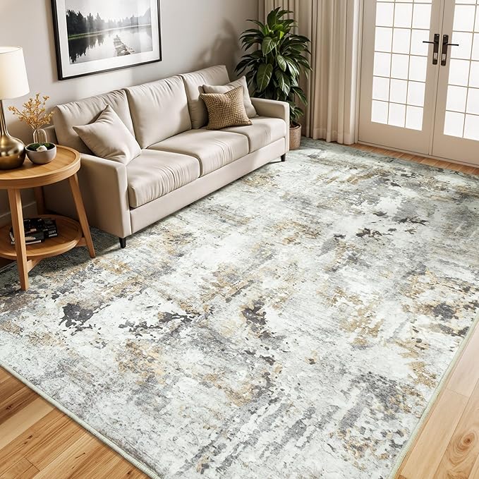 Neutral Area Rug 6x9 Washable Rugs for Living Room Aesthetic, Large Abstract Non-Slip Low-Pile Printed Accent Carpet for Bedroom Office, Brown/Grey