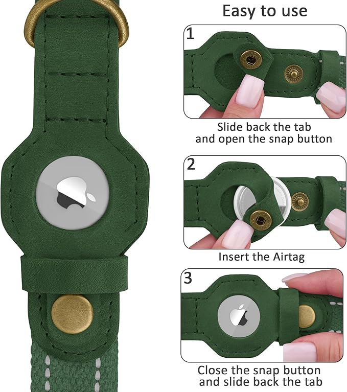 Reflective Leather Dog Collar with AirTag Holder - Soft Apple Airtag Dog Collar with Metal Buckle - Safety Cotton Pet Collars for Dogs Small Large Dogs Puppy (Hunter Green, M, 14"-18")