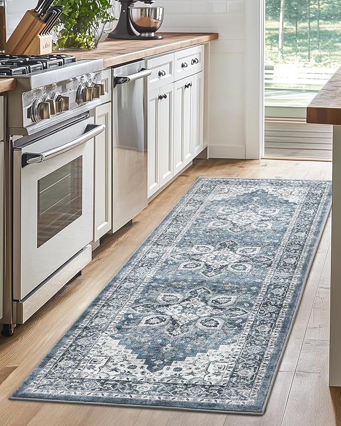 AMADA HOMEFURNISHING 2x6 Washable Runner Rug, Low-Profile Kitchen Rugs with Non-Slip Backing & Durable Edge Binding, Vintage Entryway Runner Rug for Bedroom & Hallway