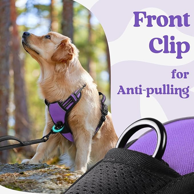 rabbitgoo Dog Harness for Large, No Pull Pet Harness with 3 Buckles, Adjustable Soft Padded Vest with Control Handle, Walking Reflective Pet Vest for Large Dogs, Purple, L