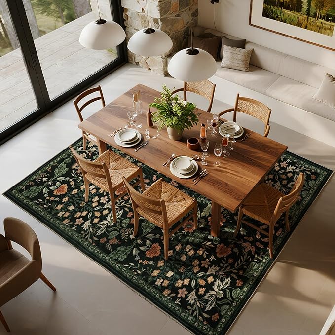 Floral Area Rug for Living Room: 5x7 Washable Soft Low Pile Thin Indoor Carpet, Non Slip Stain Resistant Vintage Flower Boho Accent Rugs for Bedroom, Dining, Home Office, Nursery - Black
