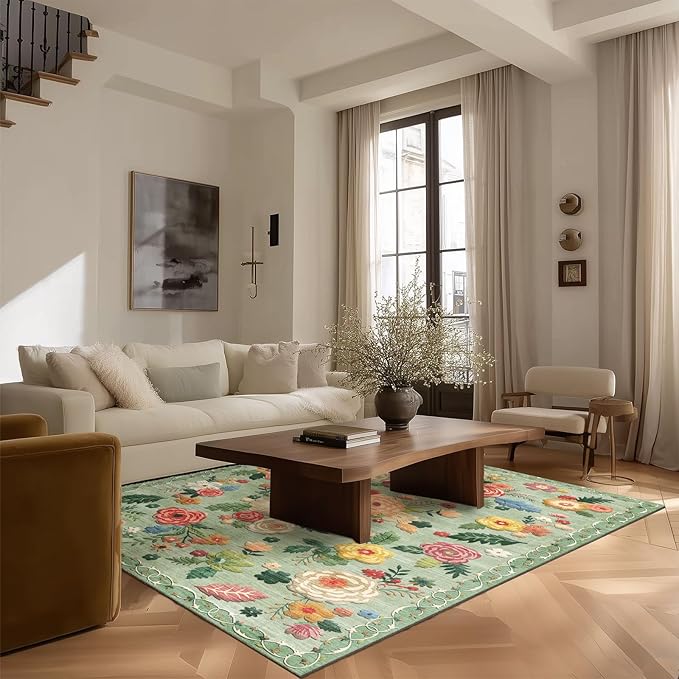 4x6 Bedroom Area Rug Washable: Entry Throw Rug Stain Resistant Floral Green Rug Non Slip Low Pile Small Carpet for Bedroom Kitchen Entryway Living Room Bedside Office Dorm Kids Room Entrance