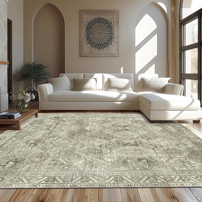 GENIMO 6x9 Area Rugs for Living Room, Machine Washable Vintage Non Slip Rugs, Low Pile Lightweight Chenille Print Rug for Bedroom, Dining Room, Home Office, Vintage Sage/Grey