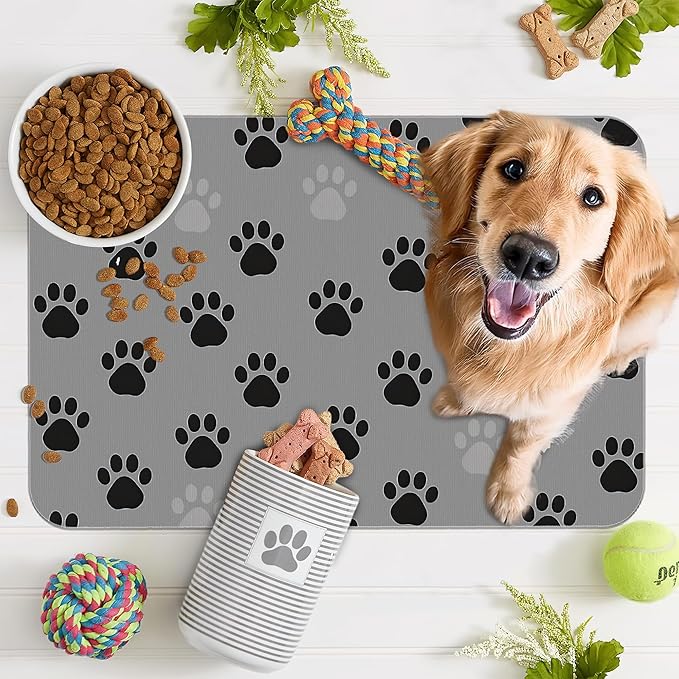 Cat Paw Prints Dog Food Mat for Floors,Gray Black Absorbent Pet Food and Water Bowl Mats,Non-Slip Pet Feeding Mat,Pet Supplies 16" x 24"