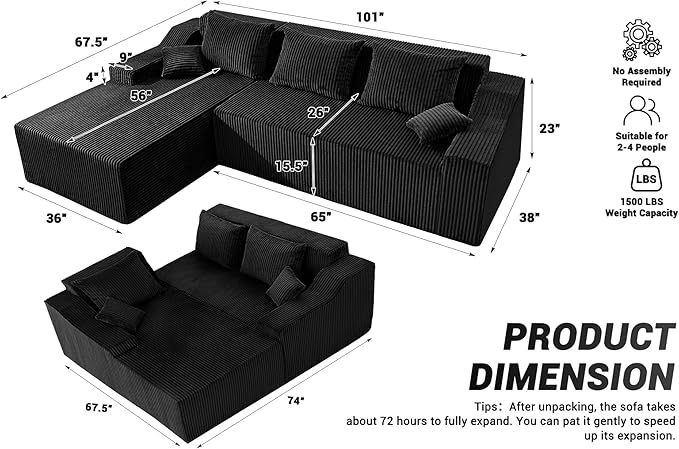 HABUTWAY 101'' Modular Sectional Sofa Cloud Couch with Deep Seat, Modern L-Shaped Convertible Couches Upholstered Couch with Chaise for Living Room Bedroom (Black, Left-Facing Chaise)