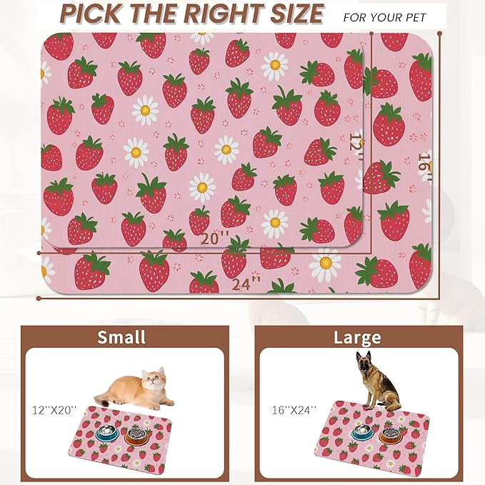 Cute Strawberry Flower Dog Cat Food Mat,Pink Absorbent Pet Feeding Mat with Rubber Backing,Non-Slip Water Bowl Placemat,Indoor Pet Accessories Supplies 12"x20"