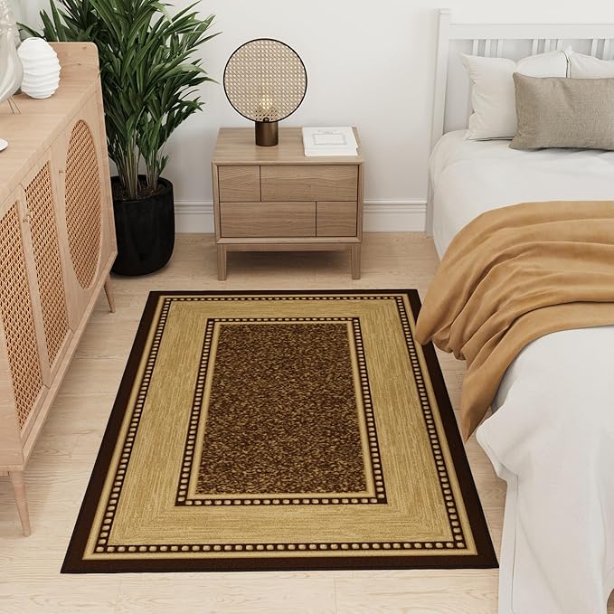 Ottomanson 3'3" x 5' Rugs for Living Room Border Area Rug for Bedroom - Non Slip Durable Large Floor Carpet for High Traffic Areas - Indoor Rug for Dining Room Kitchen Kids Playroom, Brown