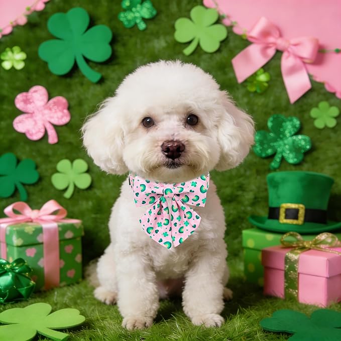Maca Bates St. Patrick's Day Shamrock Dog Collar,Sailor Bow,Extra Small Girl Boy Dogs, Pink,Green Rainbow,Four Leaf Clover Pattern,Adjustable Durable Soft Collars Irish Gift for Male Female Puppy