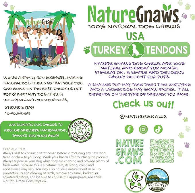 Nature Gnaws USA Turkey Tendons for Dogs (1Lb) - Delicious Grain Free Reward Snack for Small, Medium & Large Breeds - Premium Natural Dog Chew Treats