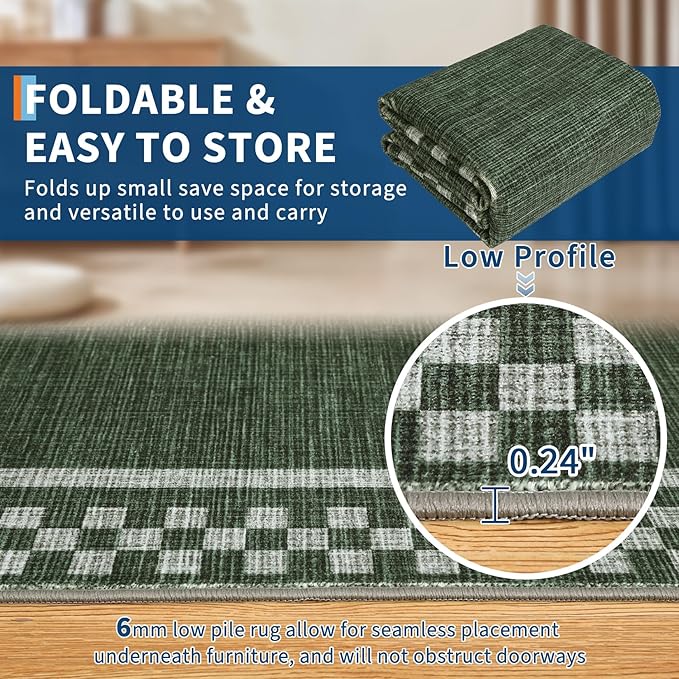 GarveeHome 5x7 Washable Area Rug for Bedroom Living Room Non Slip Modern Bordered Throw Rugs Low Pile Soft Checkered Dining Room Area Rugs Geometric Throw Carpet for Kitchen Nursery Office, Green