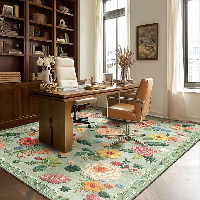 Machine Washable Area Rugs for Bedroom: 5'x7' Living Room Rug Floral Vintage Rug Stain Resistant Non Slip Low Pile Faux Wool Soft Green Rugs for Dining Room Bedside Kitchen Entryway Nursery Office